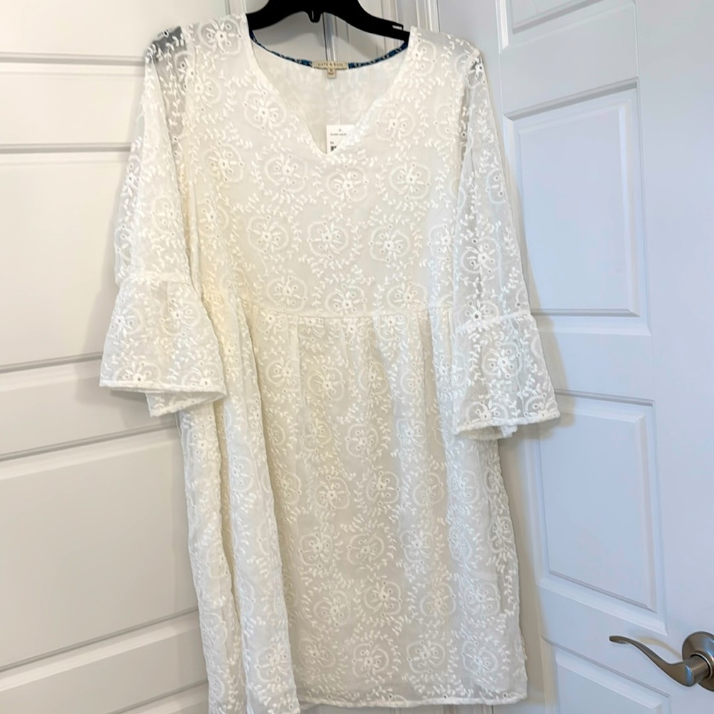 NWT Kate & Sam Eyelet Lace Dress Medium White Embroidered Lined Boho Cottage